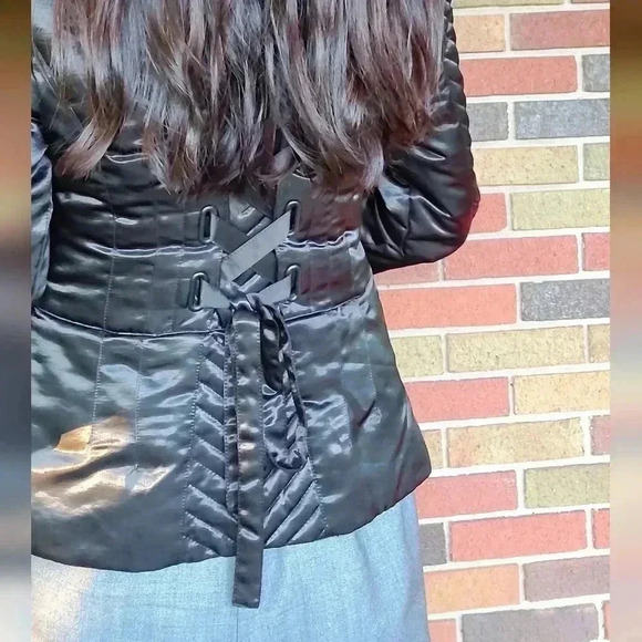 Bebe black Satin Quilted Pea Coat with fur collar Women's Size S - Picture 12 of 17